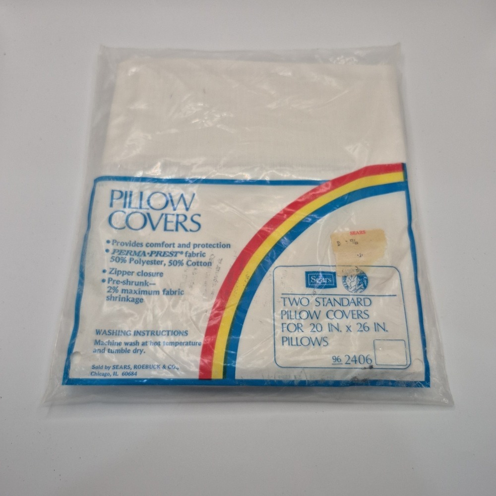 Vintage Sears Two Standard Pillow Covers 20"x26" Perma Prest Fabric NOS